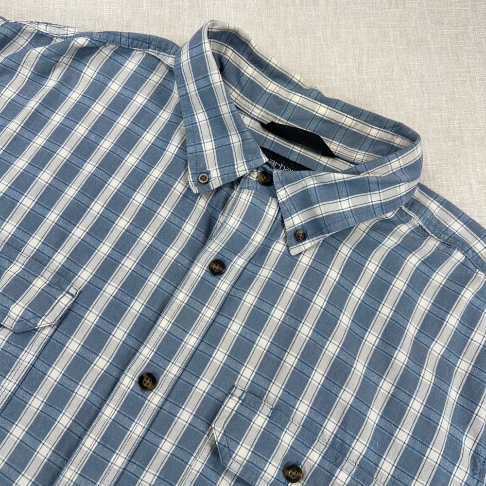 Carhartt Chambray Shirt Mens 2XL Blue Plaid Loose Fit Short Sleeve 104625 EUC